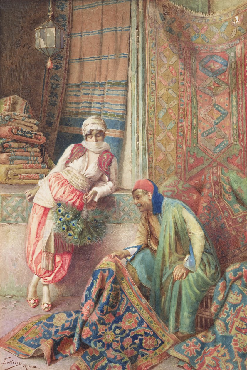 कालीन विक्रेता के साथ सौदेबाजी, c.1875 (कागज पर wc) द्वारा फ्रेडरिक बल्लीसियो