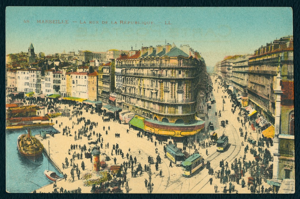 मार्सिले, फ्रांस में Rue de la Republique का चित्रण पोस्टकार्ड, c.1920 (रंगीन बीडब्ल्यू फोटो) द्वारा फ्रेंच फोटोग्राफर