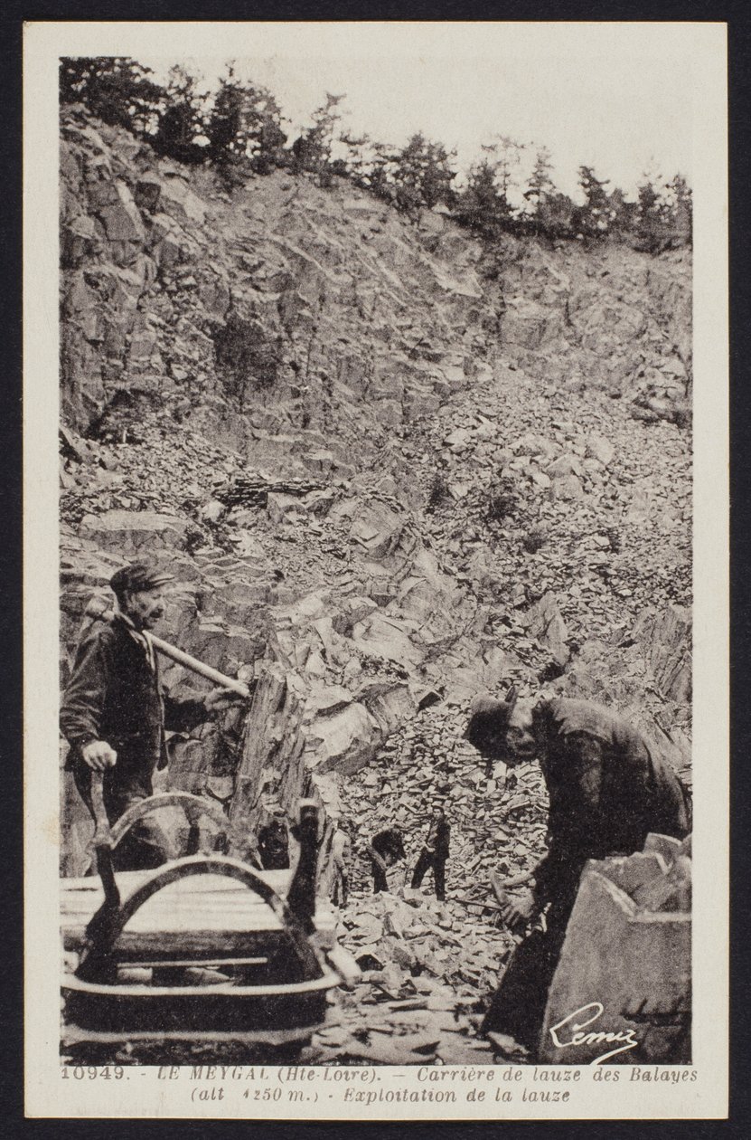 Le Meygal, Balayes, Haute-Loire, c.1900 में फ्लैगस्टोन खदान श्रमिकों का चित्रण पोस्टकार्ड द्वारा फ्रेंच फोटोग्राफर