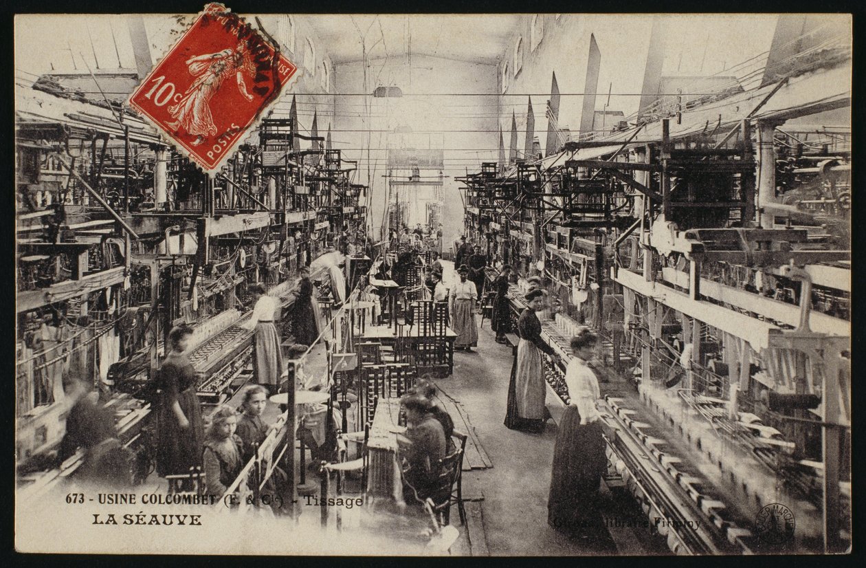 La Seauve, Haute-Loire, c.1900 में बुनाई कारखाने Colcombet का चित्रण पोस्टकार्ड द्वारा फ्रेंच फोटोग्राफर