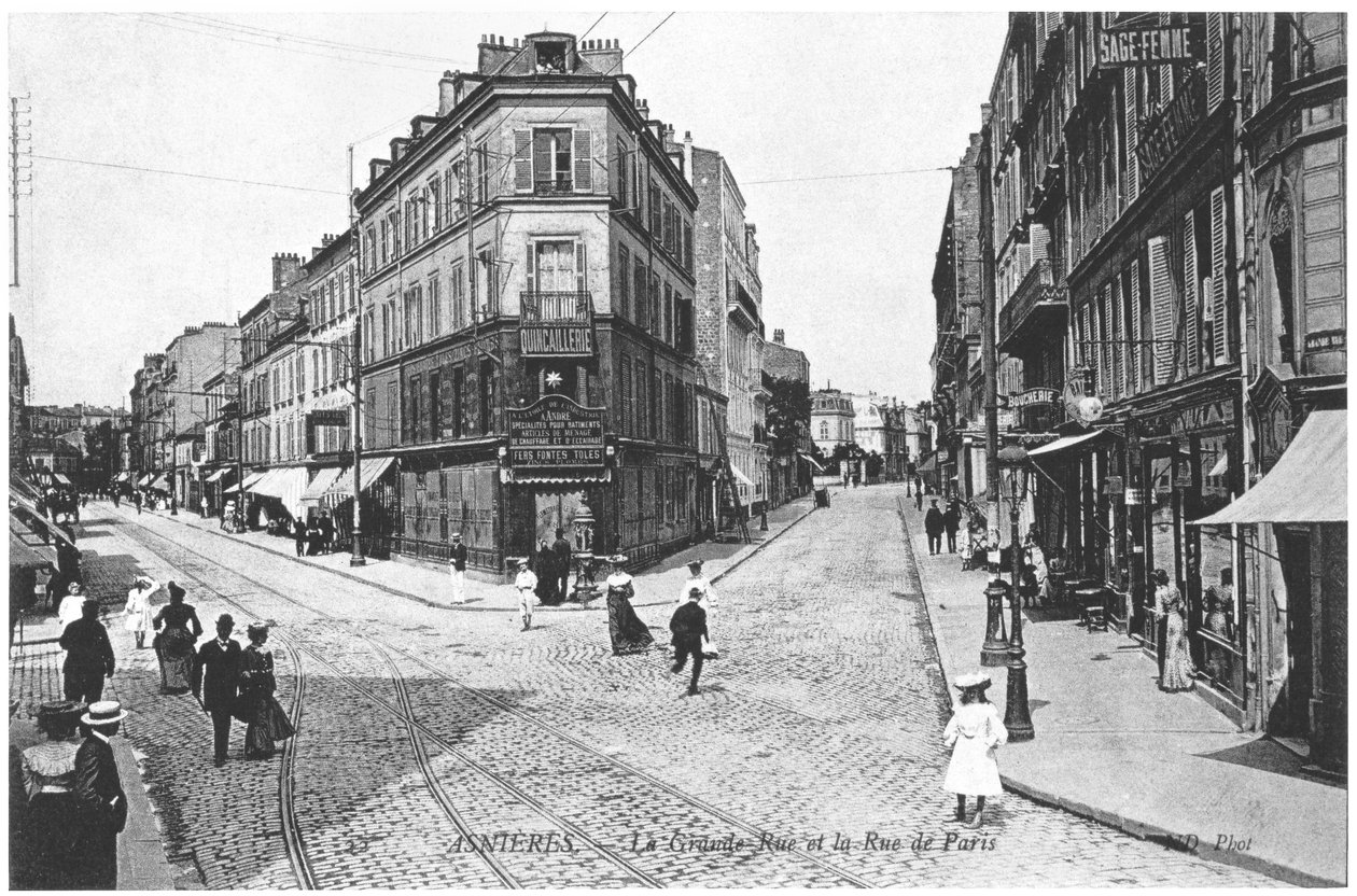 Asnieres, ग्रेट स्ट्रीट और रू डे पेरिस का दृश्य, c.1900 द्वारा फ्रेंच फोटोग्राफर