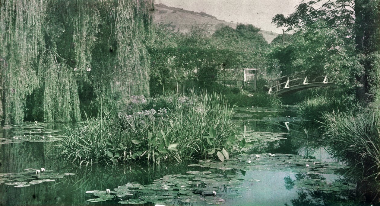 1920 के दशक की शुरुआत में गिवरनी में मोनेट्स गार्डन में वॉटरली पॉन्ड और जापानी ब्रिज द्वारा फ्रेंच फोटोग्राफर