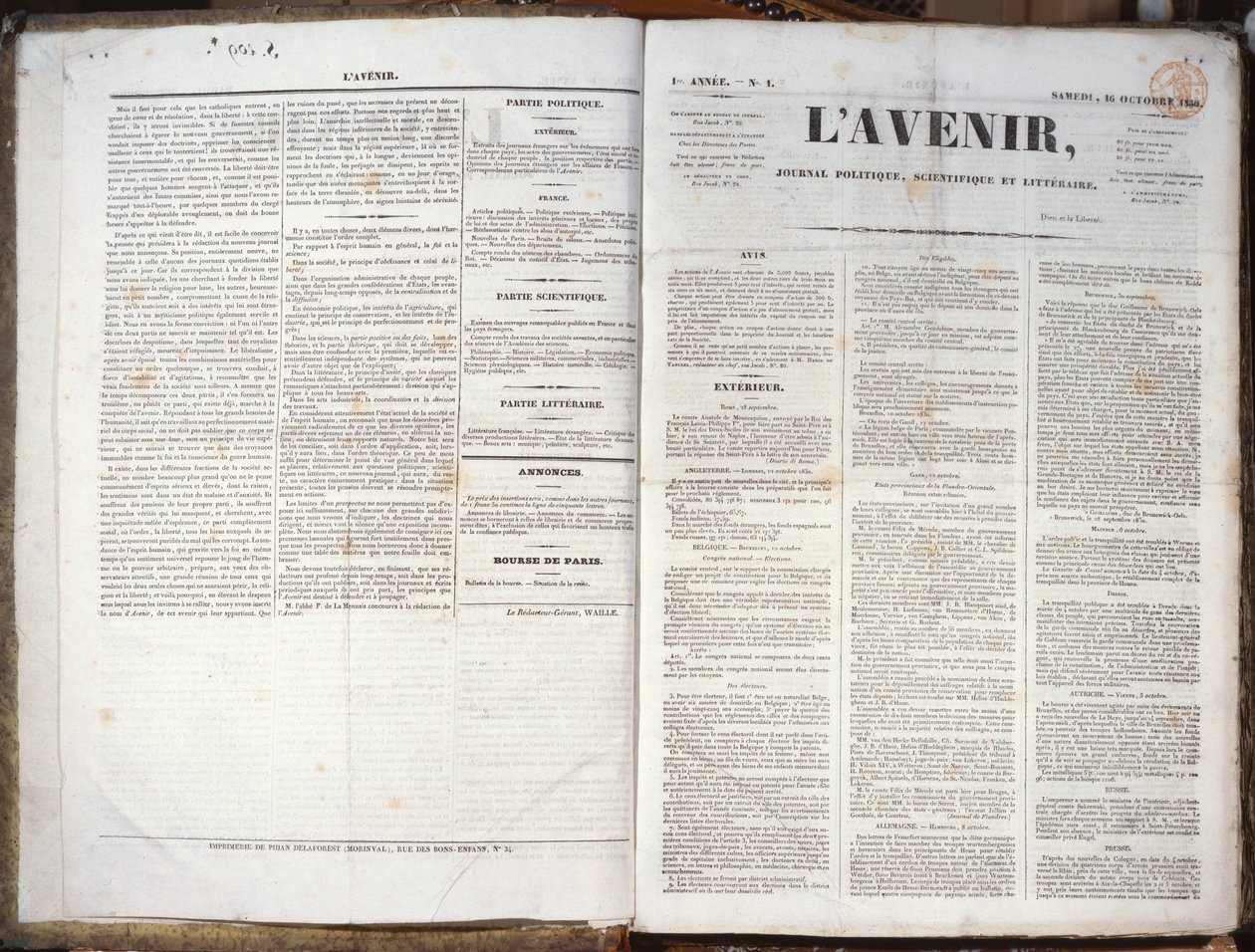 जर्नल लॉवेनियर का पहला अंक, 16 नवंबर, 1830 (मुद्रित पत्र) द्वारा फ्रेंच स्कूल