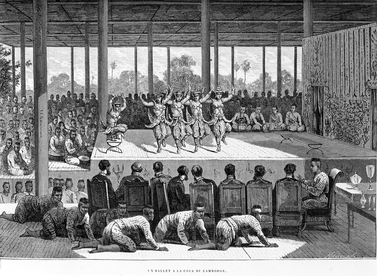 कंबोडिया में एक नृत्य प्रदर्शन, फ्रांसिस गार्नियर द्वारा &39;वॉयज डीएक्सेप्लोरेशन एन इंडोचिन&39; का चित्रण, 1873 में द्वारा फ्रेंच स्कूल