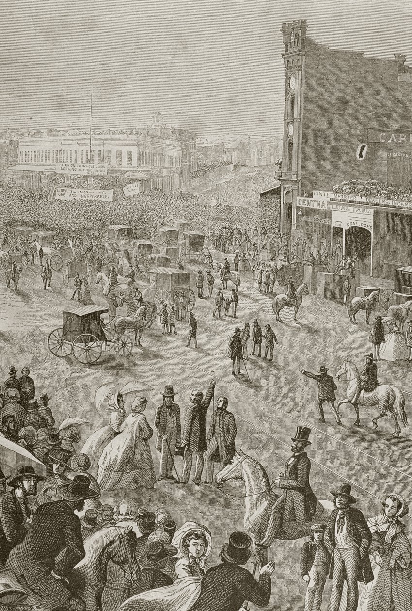 1850 के दशक में, पेरिस में 1860 के दशक में प्रकाशित &39;ले टूर डू मोंडे&39; से एक स्ट्रीट मीटिंग द्वारा फ्रेंच स्कूल
