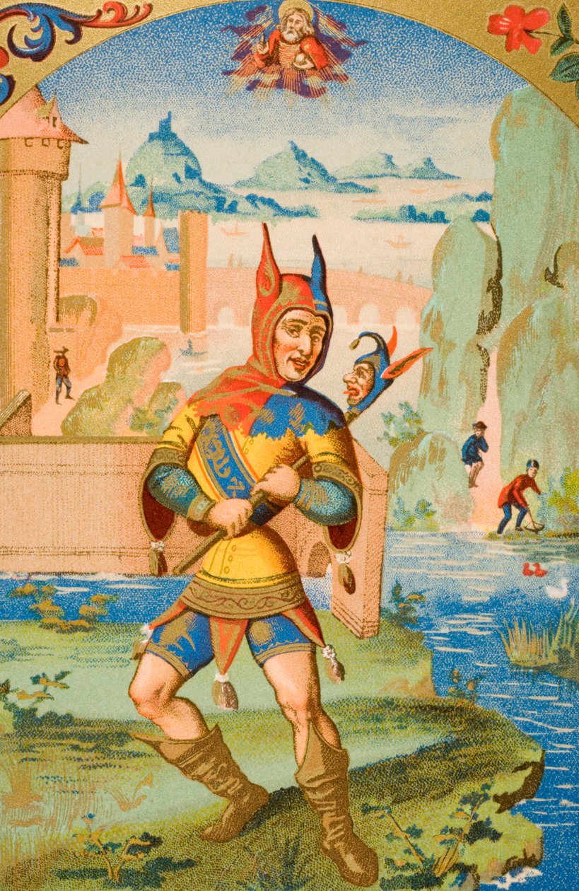 एक अदालत मूर्ख, 15 वीं शताब्दी की पांडुलिपि से एक लघु का पुनरुत्पादन, पॉल लेक्रिक्स (1806-84) द्वारा &39;ले मोयेन एज एट ला पुनर्जागरण&39; से 1847 में प्रकाशित द्वारा फ्रेंच स्कूल