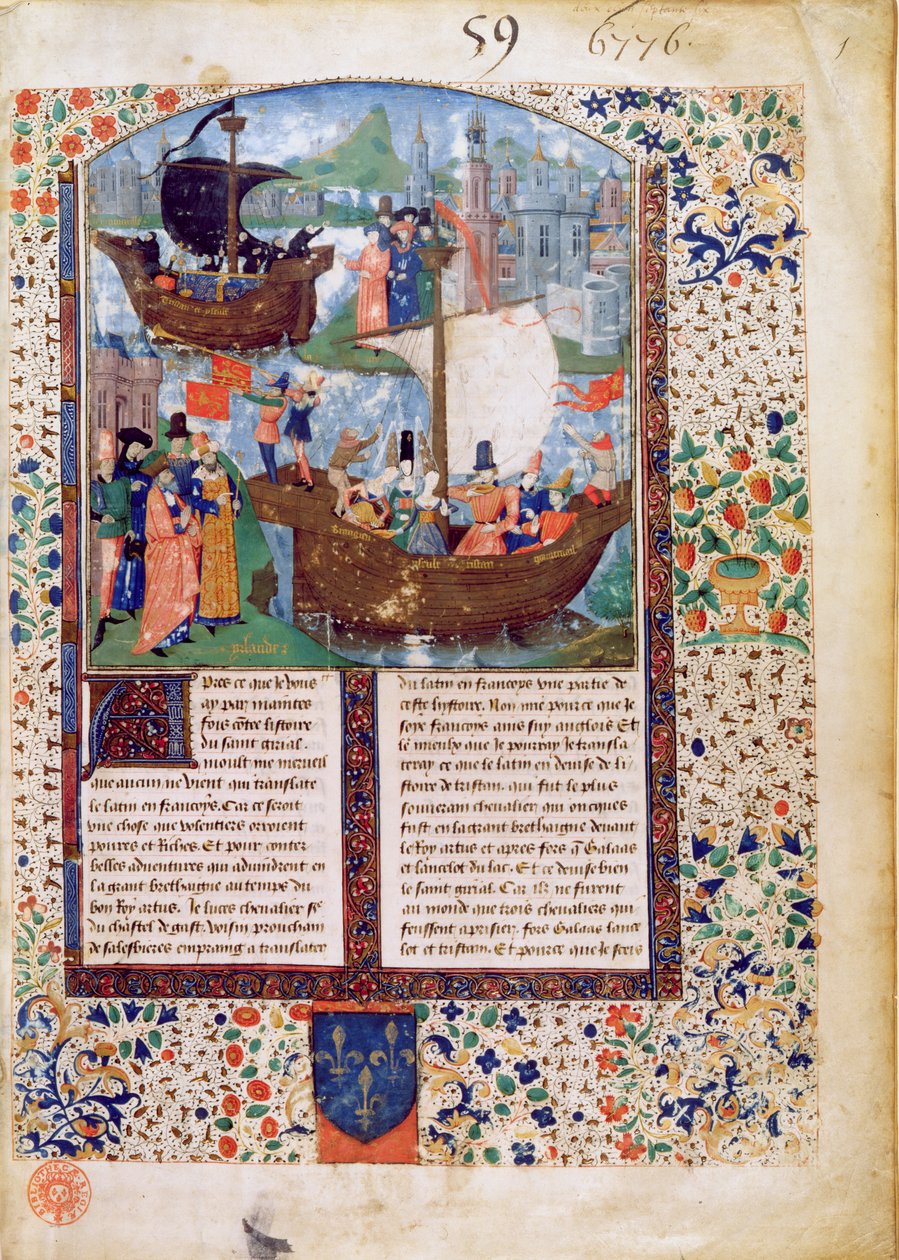 BNMs। Fr 103 f.1 ट्रिस्टन और इल्सॉल्ट आयरलैंड छोड़ देते हैं; ट्रिस्टन शराब पीता है; ट्रिस्टन और इसेल्त के शवों को आयरलैंड में घर लाया गया है, जिसका अनुवाद लूसे डे गैस्ट ने किया है द्वारा फ्रेंच स्कूल