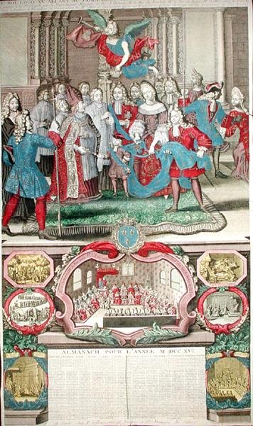 1716 के लिए कैलेंडर में उनकी संसद के साथ लुई XV (1710-74) को दर्शाया गया, 12 सितंबर 1715, 1716 द्वारा फ्रेंच स्कूल