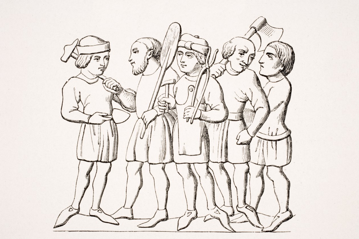 शिल्पकार, 14 वीं शताब्दी की पांडुलिपि में एक लघु का पुनरुत्पादन, पॉल लेक्रोसिक्स (1806-84) द्वारा &39;ले मोयेन एज एट ला पुनर्जागरण&39; से 1847 में प्रकाशित द्वारा फ्रेंच स्कूल