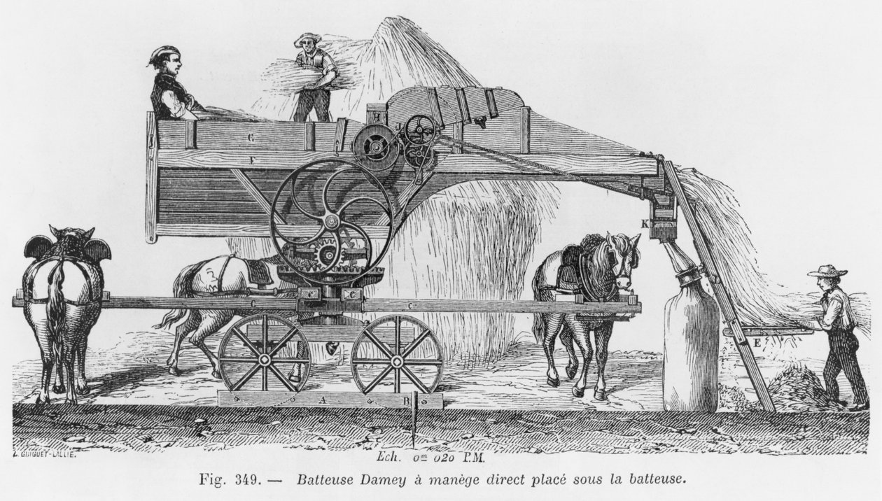 एक रोटरी प्रणाली के साथ Damey थ्रेसिंग मशीन, EO लामी द्वारा ciction Direnaire de l&39;Industrie, c.1850 द्वारा फ्रेंच स्कूल