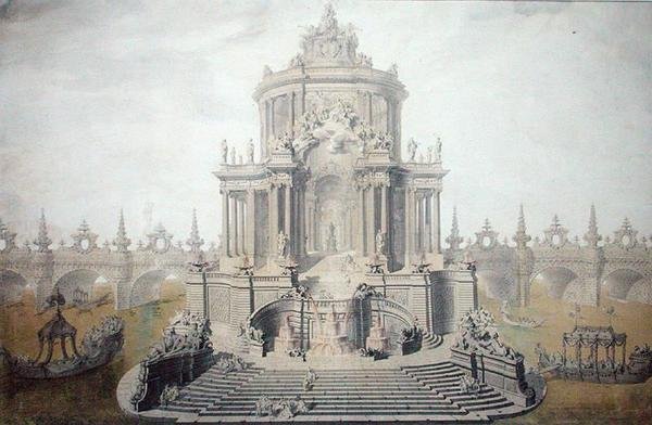 फ्रांस के दाउफिन लुइस (1729-65) की शादी के जश्न के लिए सजावट डिजाइन 1745 (कागज पर wc & gouache) द्वारा फ्रेंच स्कूल