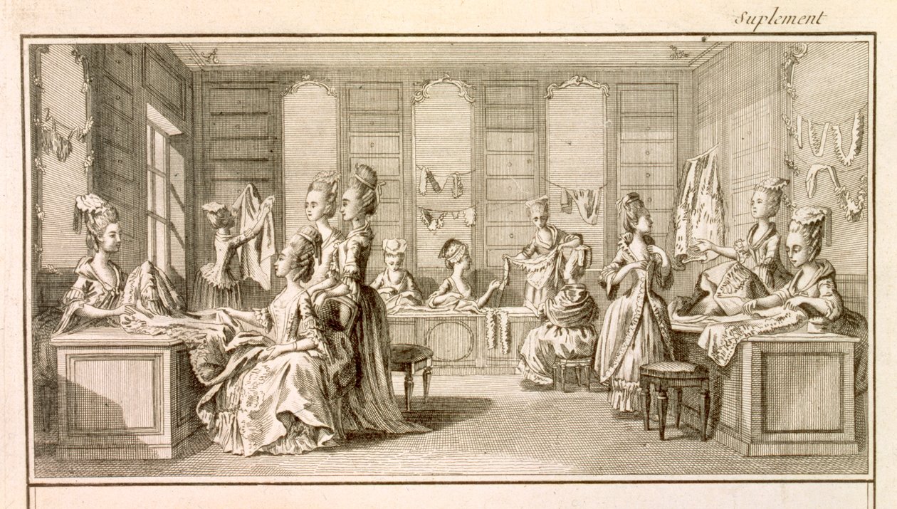 फैशन की दुकान, डेनिस डाइडारोट (1713-84) द्वारा &39;एनसाइक्लोपीडिया&39; से, c.1770 प्रकाशित द्वारा फ्रेंच स्कूल