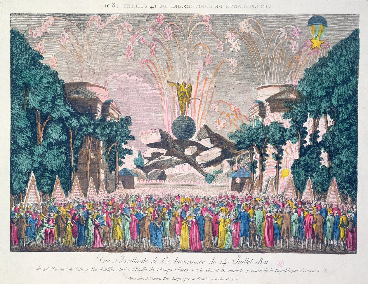 14 जुलाई, 1801 की वर्षगांठ मनाने के लिए पेरिस के एटॉइल, चैंप्स-एलिसीज़ में आतिशबाजी द्वारा फ्रेंच स्कूल
