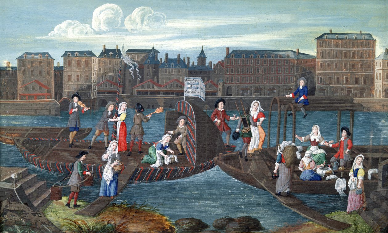 क्वाई डे ला मेगीसेरी में मछली की दुकान और लॉन्ड्री बोट, c.1670 द्वारा फ्रेंच स्कूल