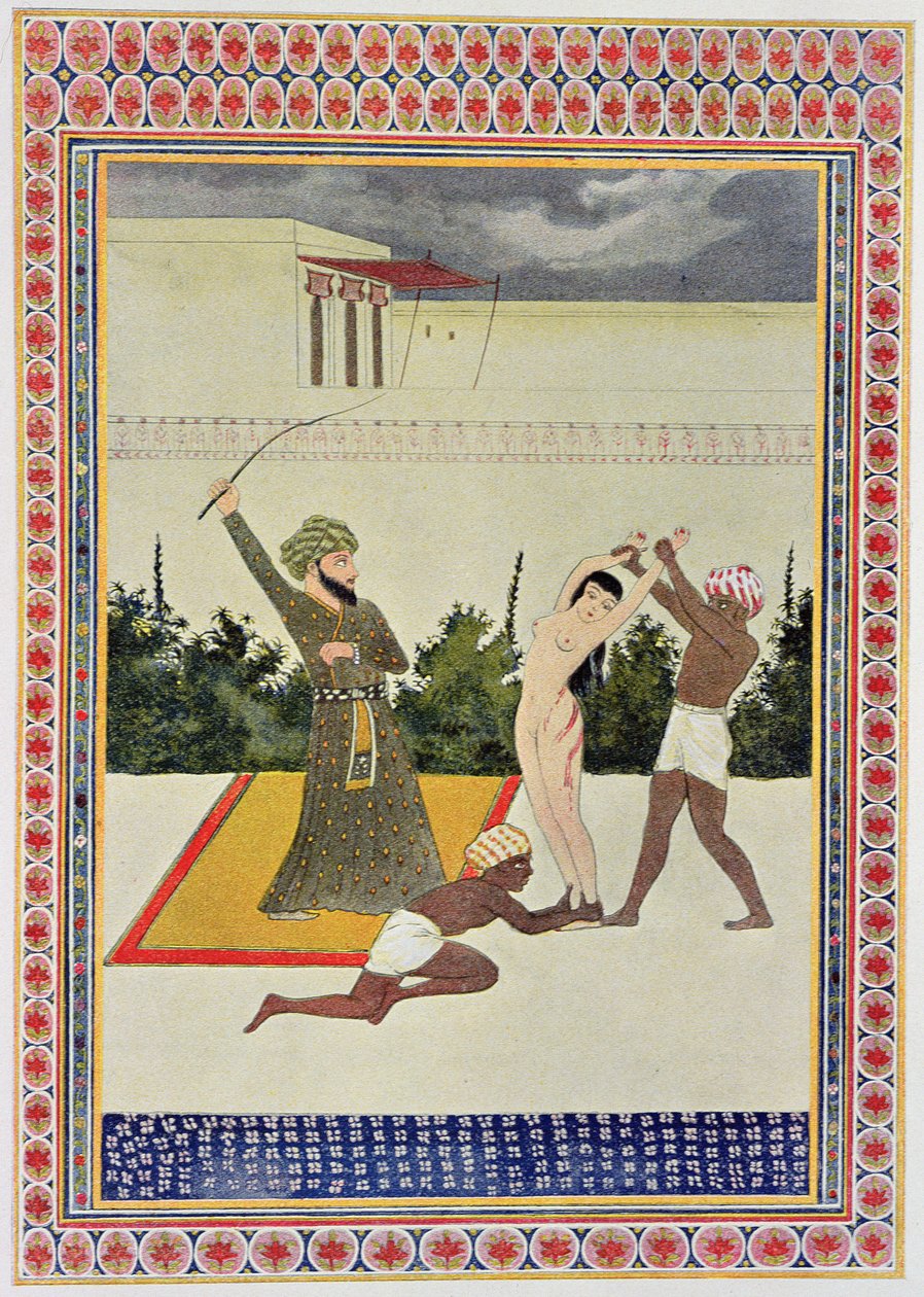फ्लैगेलेशन, द अरेबियन नाइट्स, 1895 (रंग उत्कीर्णन) से चित्रण द्वारा फ्रेंच स्कूल