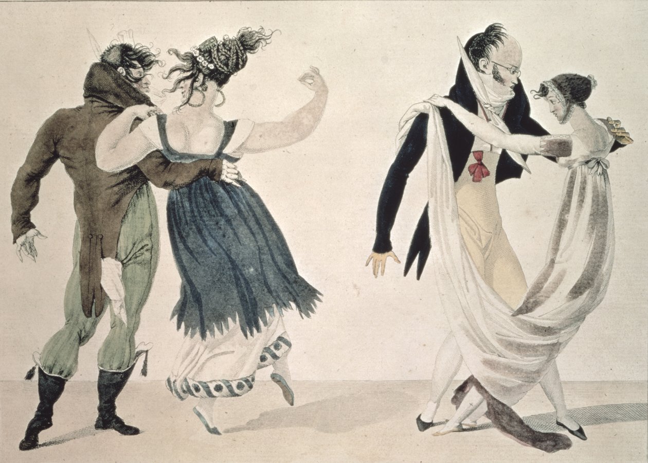 गुड फॉर्म, नंबर 1: द वाल्ट्ज, व्यंग्य कार्टून, c.1820 द्वारा फ्रेंच स्कूल
