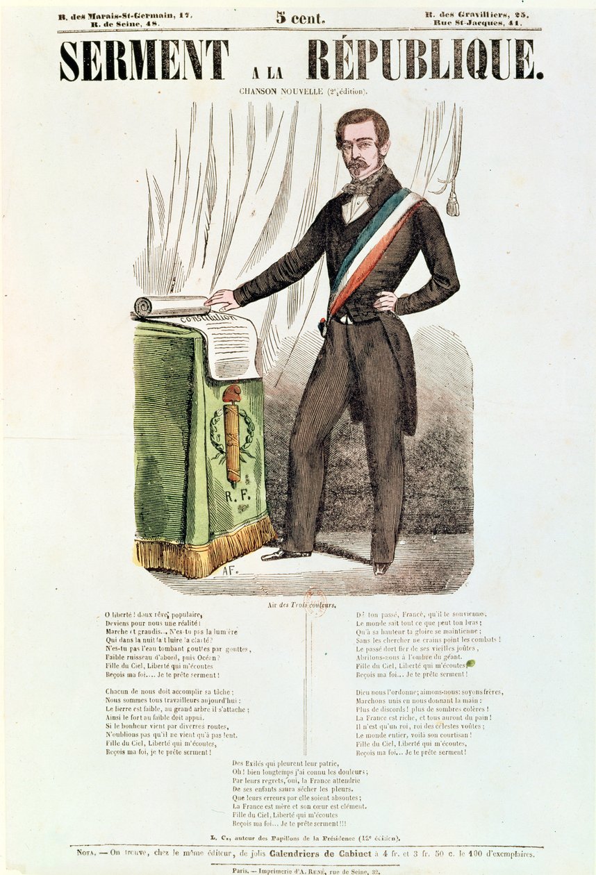 &39;ओथ टू द रिपब्लिक&39; के लिए इलस्ट्रेटेड लिरिक शीट, c.1848-52 द्वारा फ्रेंच स्कूल