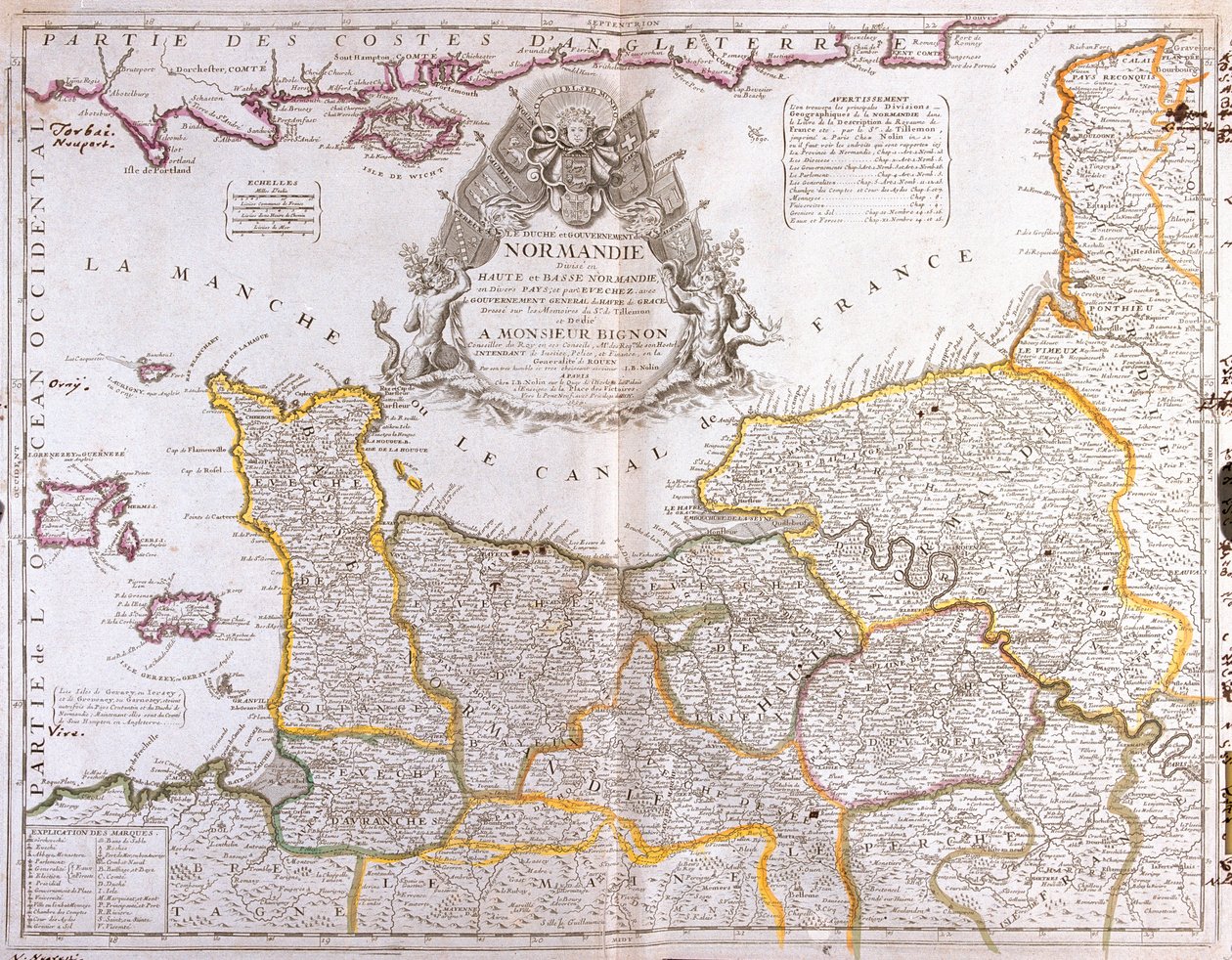 नॉरमैंडी का नक्शा, 1694, जीन थिएटर बैप्टिस्ट नोलिन द्वारा ले थिएटर डु मोंडे से, 1717 (हाथ से उकेरा हुआ) प्रकाशित द्वारा फ्रेंच स्कूल