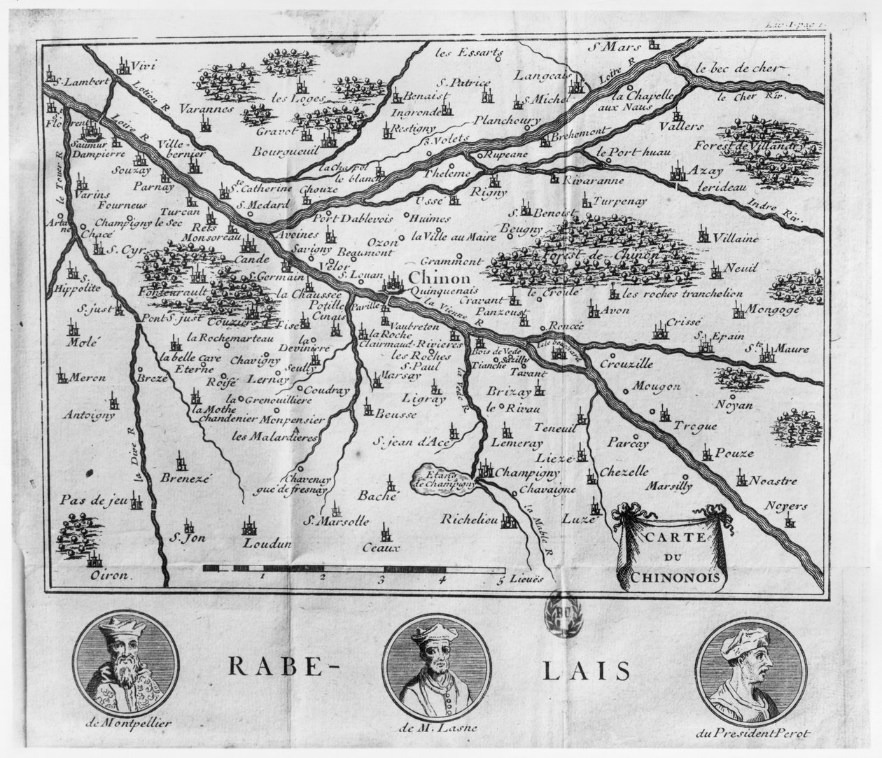 1725 में प्रकाशित फ्रेंकोइस रबेलिस के कार्यों से संबंधित चिनोन के क्षेत्र का मानचित्र द्वारा फ्रेंच स्कूल