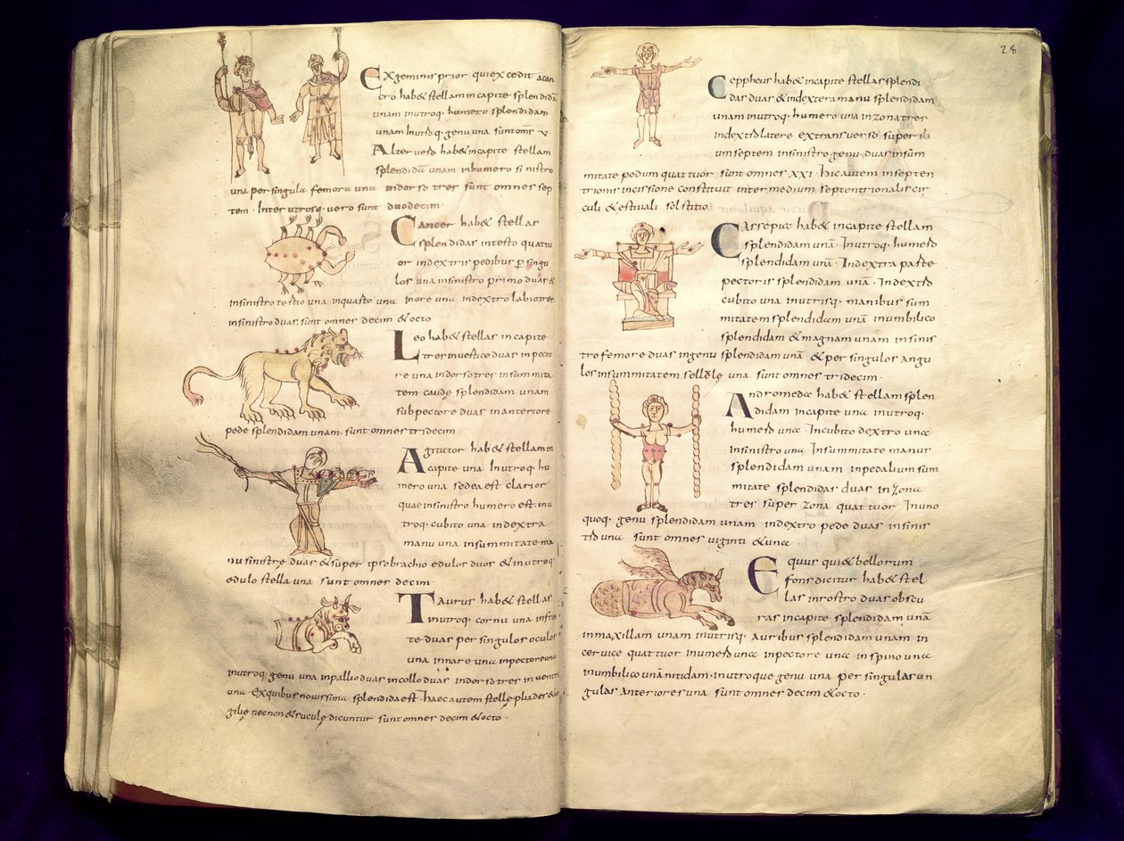 Ms 422 Fol.27v und 28r तारामंडल के पार चंद्रमा का मार्ग, सीविल के इसिडोर द्वारा &39;डी नटुरा रेरम&39; से द्वारा फ्रेंच स्कूल