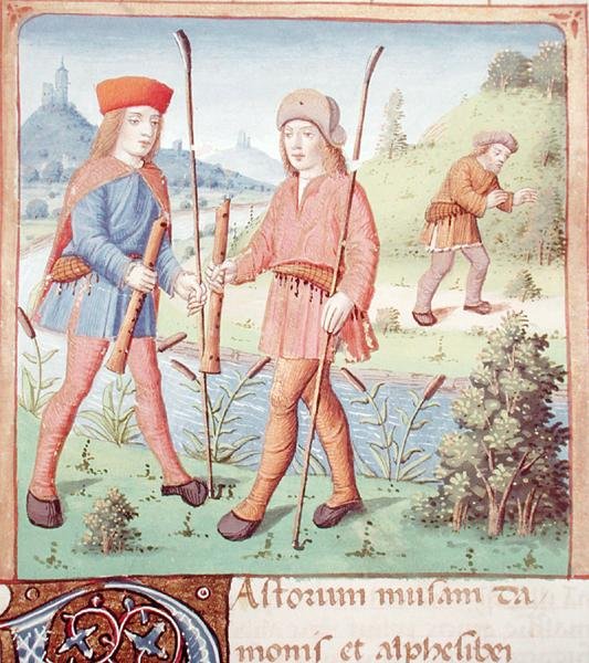 सुश्री 493 fol.14 शेर्लड्स एक नदी से, द एक्लॉग्स फ्रॉम द वर्जिल्स विद कमेंटरी विद सर्वियस, 1469 द्वारा फ्रेंच स्कूल