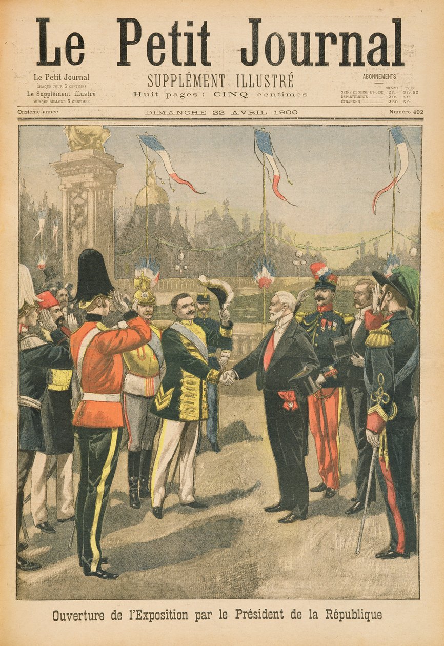 गणतंत्र, पेरिस के राष्ट्रपति द्वारा 1900 की सार्वभौमिक प्रदर्शनी का उद्घाटन, &39;ले पेटिट जर्नल&39;, 22 अप्रैल, 1900 से चित्र द्वारा फ्रेंच स्कूल