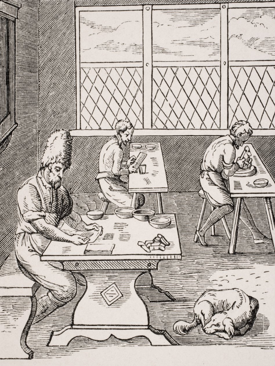 पिन एंड नीडल मेकर, पॉल लेक्रोइक्स (1806-84) द्वारा 1827 में प्रकाशित &39;ले मोयन एज एट ला रेंस&39; से जोस्ट अम्मन (1539-91) द्वारा एक लकड़बग्घा का प्रजनन। द्वारा फ्रेंच स्कूल