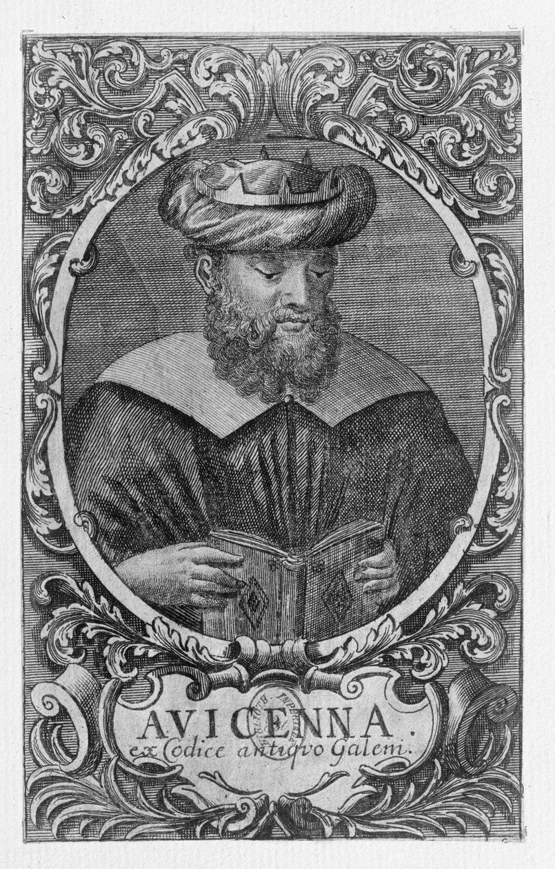 Avicenna (इब्न सिना) (980-1037) पठन का चित्रण द्वारा फ्रेंच स्कूल