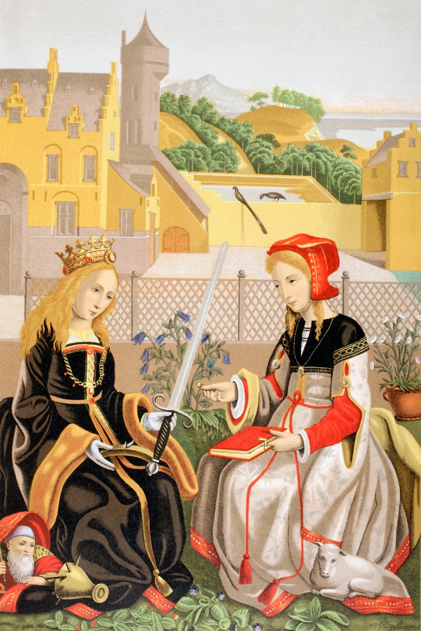 अलेक्जेंड्रिया के सेंट कैथरीन और रोम के सेंट एग्नेस, एक काम के बाद &39;लेस आर्ट्स एयू मोयेन एज&39; से मार्गुएराइट वैन आइक को 1873 में प्रकाशित किया द्वारा फ्रेंच स्कूल