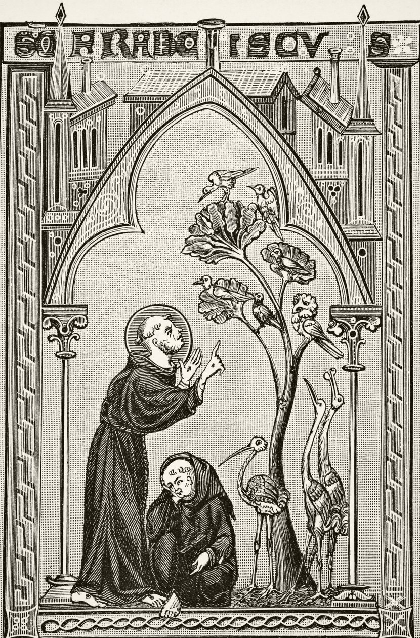 सेंट फ्रांसिस ऑफ असीसी ने पक्षियों से बात करते हुए, पॉल लैक्रोइक्स (1806-84) द्वारा &39;मध्य युग में विज्ञान और साहित्य&39; से लंदन 1878 में प्रकाशित किया। द्वारा फ्रेंच स्कूल