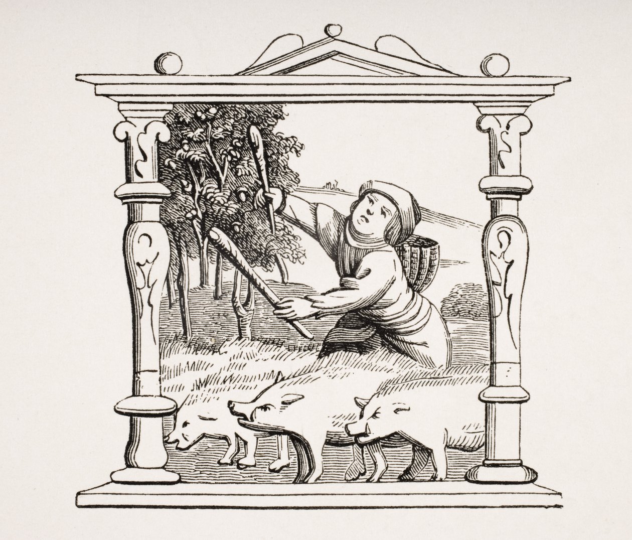 सूअरों के अपने झुंड के साथ स्वाइनहार्ड, पॉल लेक्रोइक्स (1806-84) द्वारा 1847 में प्रकाशित &39;ले मोयन एज एट ला पुनर्जागरण&39; से एक किताब में एक कैलेंडर के बाद प्रजनन। द्वारा फ्रेंच स्कूल