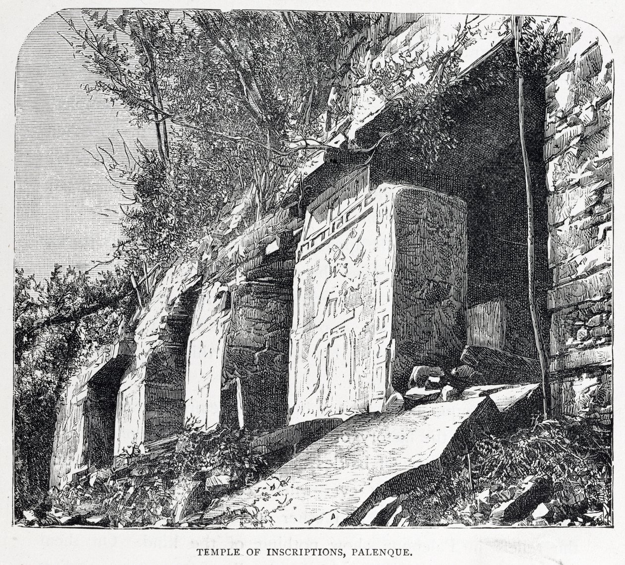 क्लॉड-जोसेफ-डिज़ायर चारने, पब द्वारा &39;द प्राचीन शहरों की नई दुनिया&39; से, शिलालेख, पैलेन्क का मंदिर। 1887 द्वारा फ्रेंच स्कूल