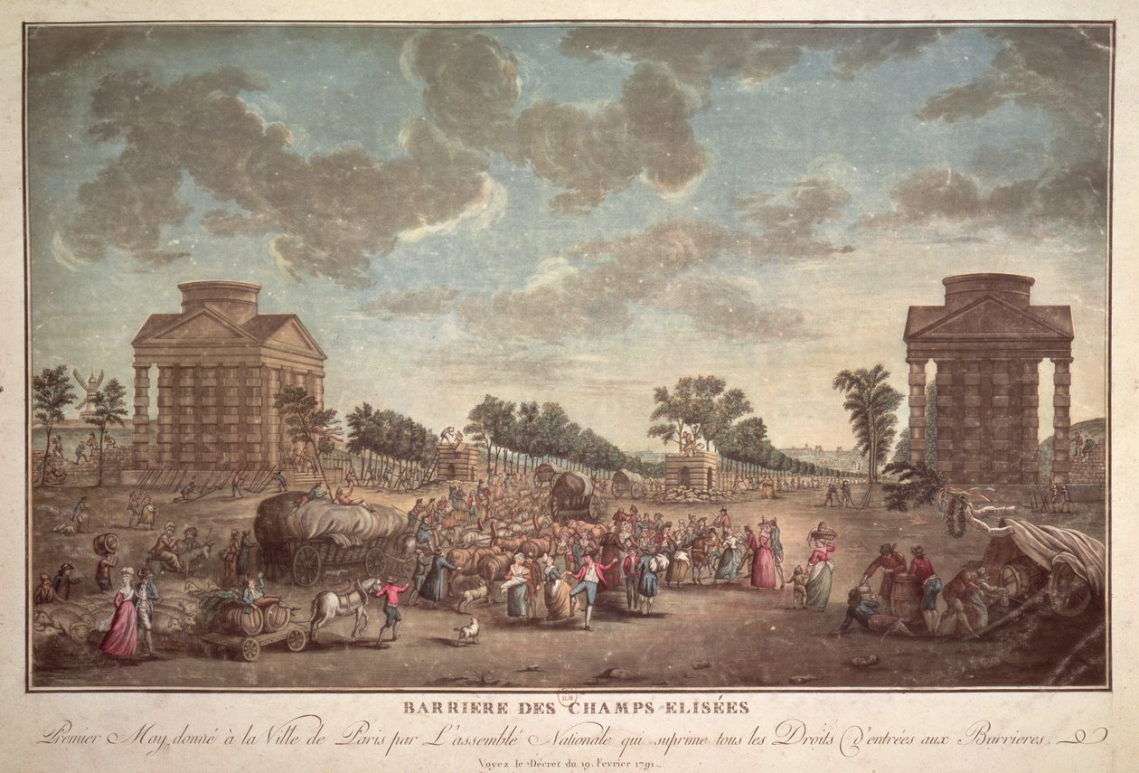 चैम्प्स एलिसेज़ पर बैरियर। 1790 में पेरिस में प्रवेश के अधिकार का दमन द्वारा फ्रेंच स्कूल