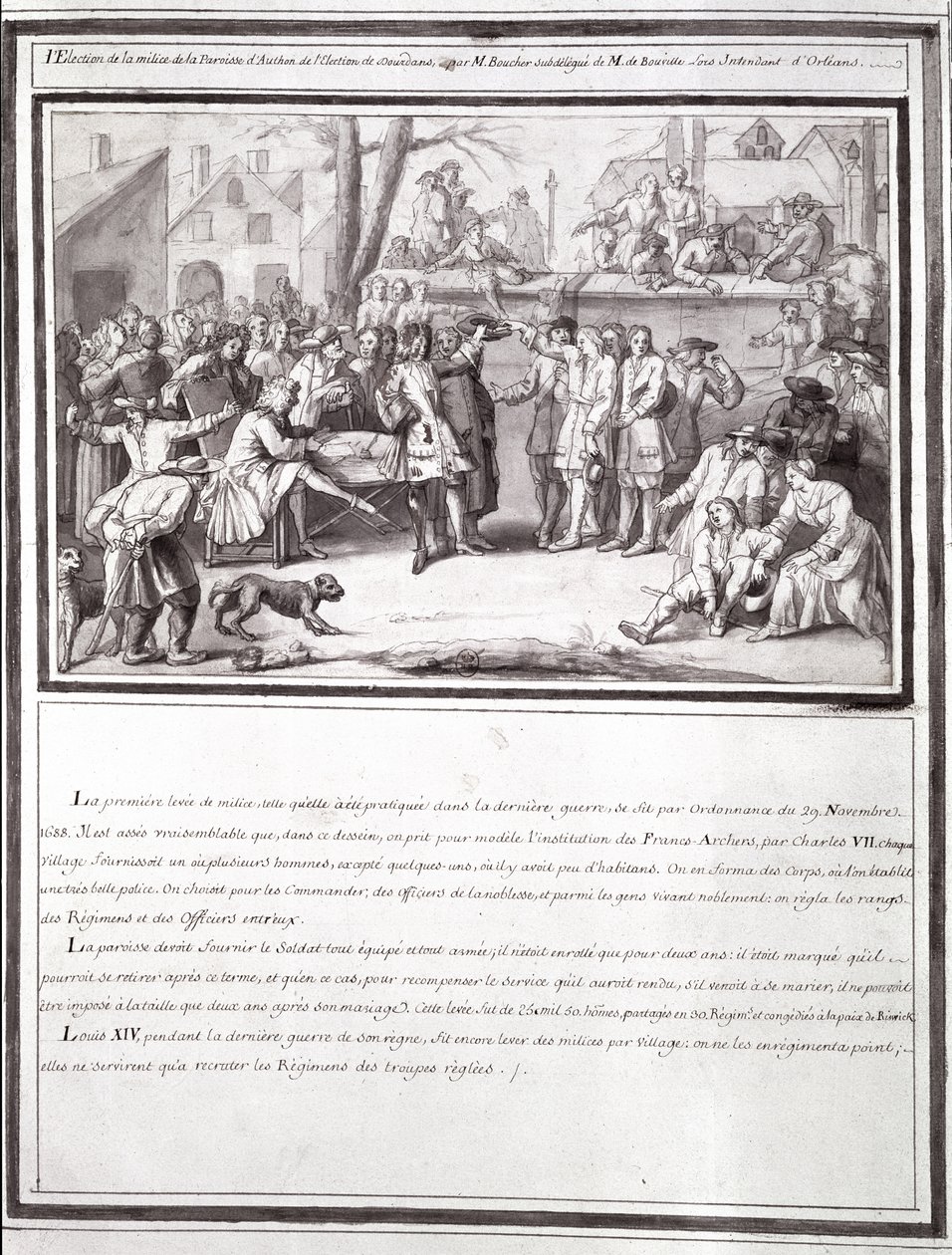 द पेरिश ऑफ़ ऑथॉन में मिलिशिया का चुनाव, डोरडान चुनाव, 1688 का हिस्सा द्वारा फ्रेंच स्कूल