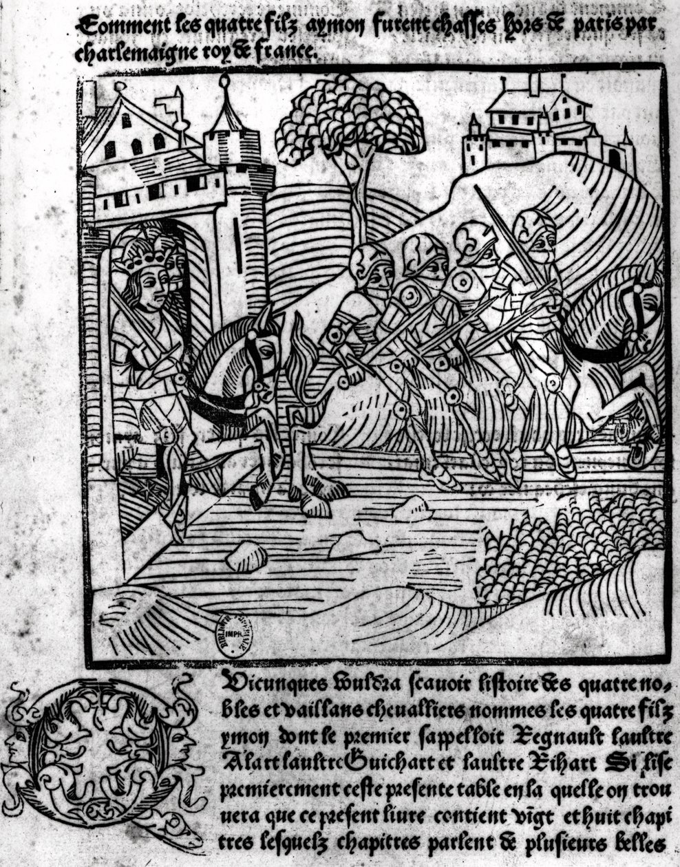 Aymon के फोर सन्स &39;Renaud&39; या &39;Les Quatre Fils Aymon&39;, c.1483 (xylograph) से फ्रांस के राजा, शारलेमेन (742-814) द्वारा पीछा किया जाता है द्वारा फ्रेंच स्कूल