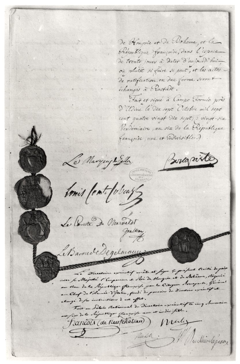 कैम्पो फॉर्मियो की संधि, नेपोलियन बोनापार्ट (1769-1821) द्वारा 17 अक्टूबर 1797 को हस्ताक्षरित द्वारा फ्रेंच स्कूल