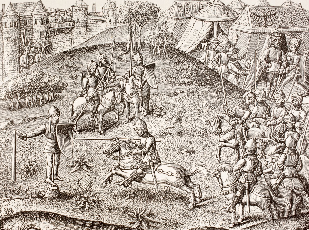 एक उत्तोलन पर झुकते हुए, पॉल लैक्रोइक्स द्वारा &39;मिलिट्री एंड रिलिजियस लाइफ इन द मिडिल एजेस&39; से एक शूरवीर का घूमता हुआ पुतला, लंदन c.1880 प्रकाशित द्वारा फ्रेंच स्कूल