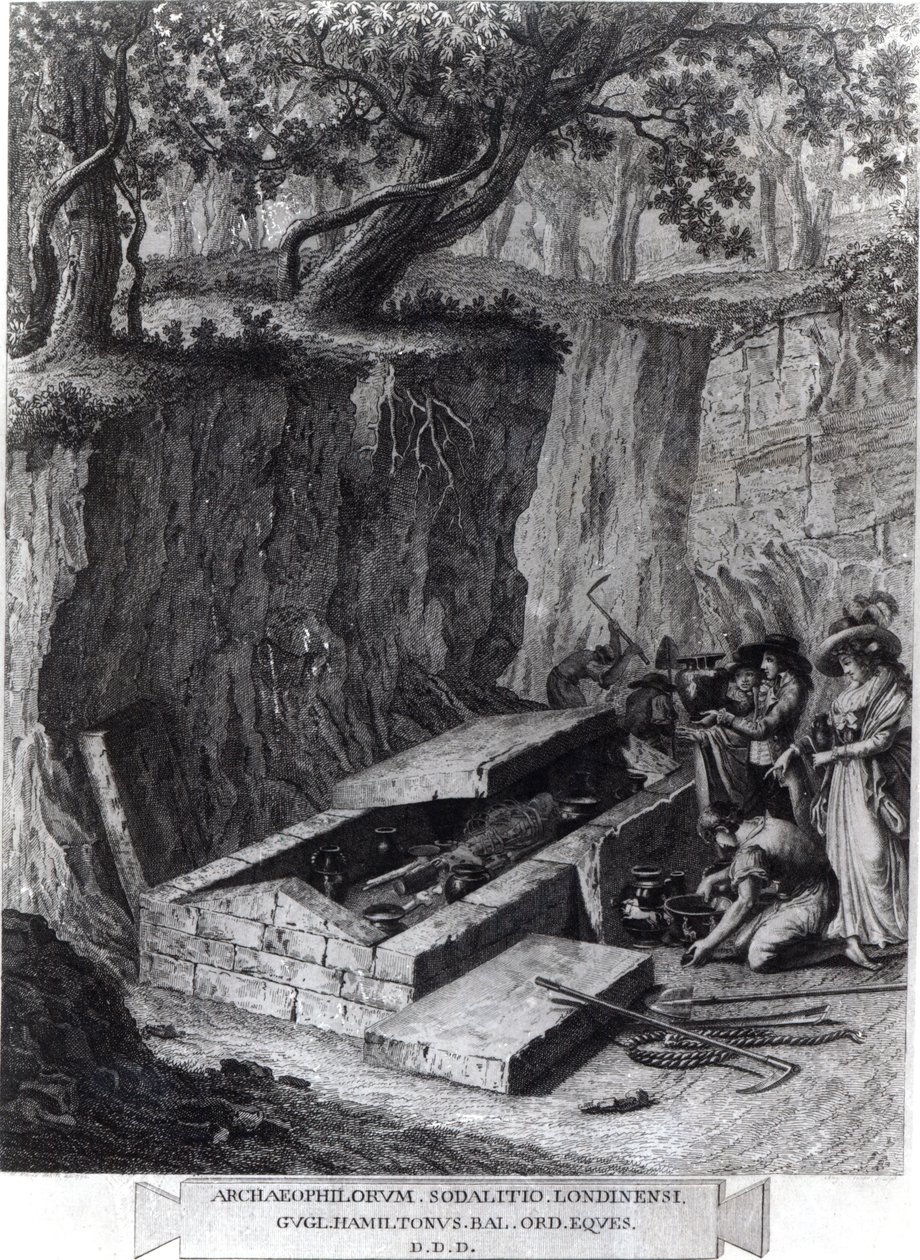 प्राचीन समाधि का उद्घाटन देखने वाले पर्यटक, c.1766 द्वारा फ्रेंच स्कूल