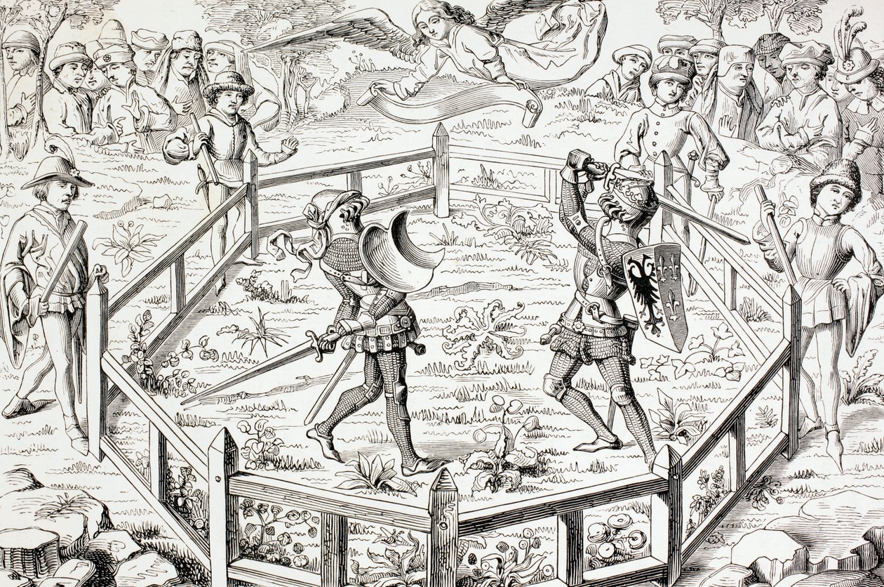 पॉल लैक्रोइक्स द्वारा &39;द मिलिट्री एंड रिलिजियस लाइफ इन द मिडल एजेस&39; से दो शूरवीरों ने एक द्वंद्वयुद्ध किया, जो लंदन में प्रकाशित हुआ था। 17.180 द्वारा फ्रेंच स्कूल