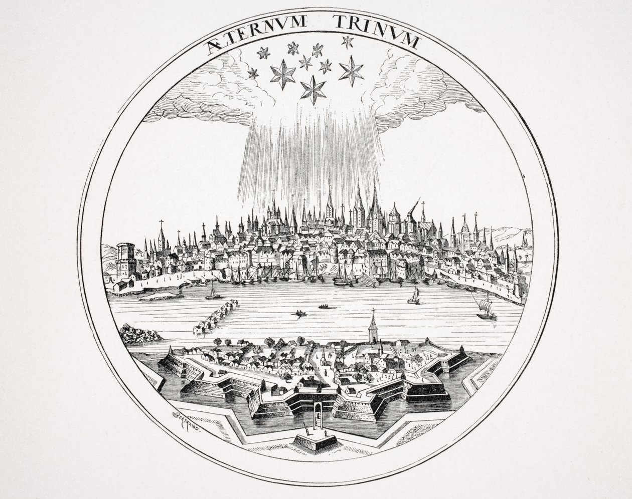 कोलोन का दृश्य, पॉल लेट्रिक्स (1806-84) द्वारा &39;ले मोयेन ऐट एट ला पुनर्जागरण&39; से पी। बर्टियस द्वारा &39;थिएट्रम जियोग्राफिक&39; में एक तांबे के उत्कीर्णन के बाद 1847 में प्रकाशित द्वारा फ्रेंच स्कूल