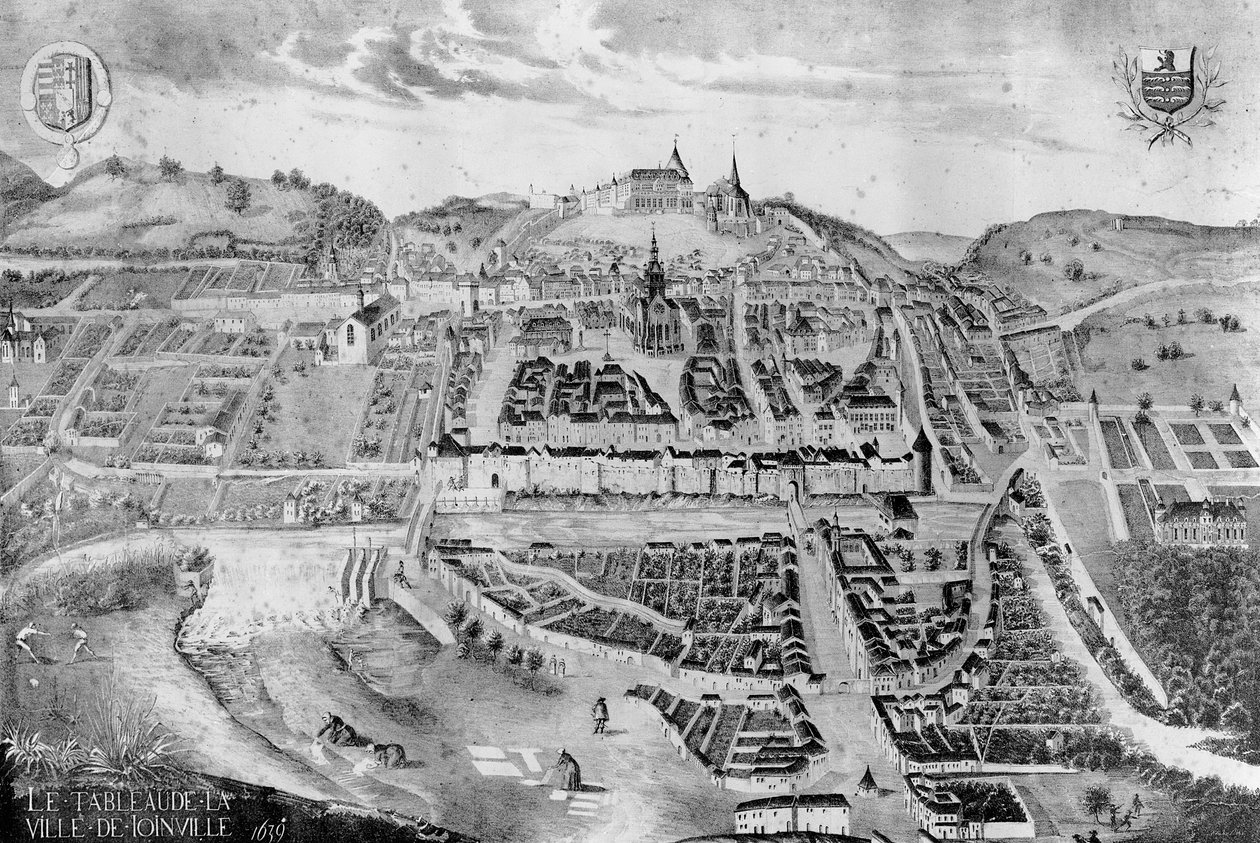 1639 की पेंटिंग से, ज्वाइनविले के शहर और शहर का दृश्य द्वारा फ्रेंच स्कूल