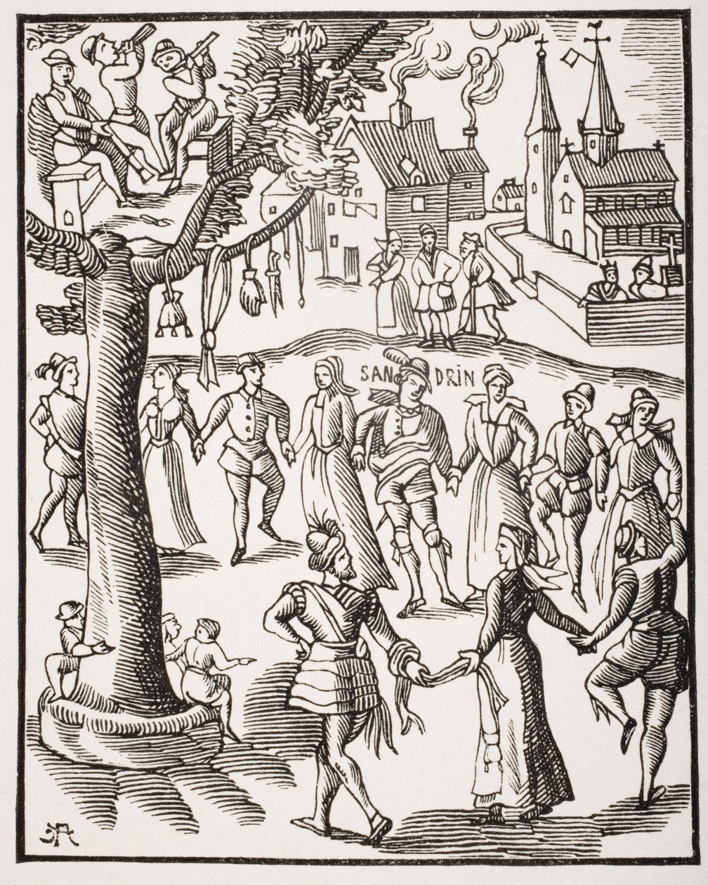 विलेज फेस्ट, 16 वीं शताब्दी के वुडकट के बाद &39;लेड मोयेन एज एट ला रेनेसां&39; से पॉल लेक्रॉइक्स (1806-84) द्वारा प्रकाशित 1847 में प्रकाशित &39;सैंड्रिन यू वर्ड गैलेंट&39;। द्वारा फ्रेंच स्कूल