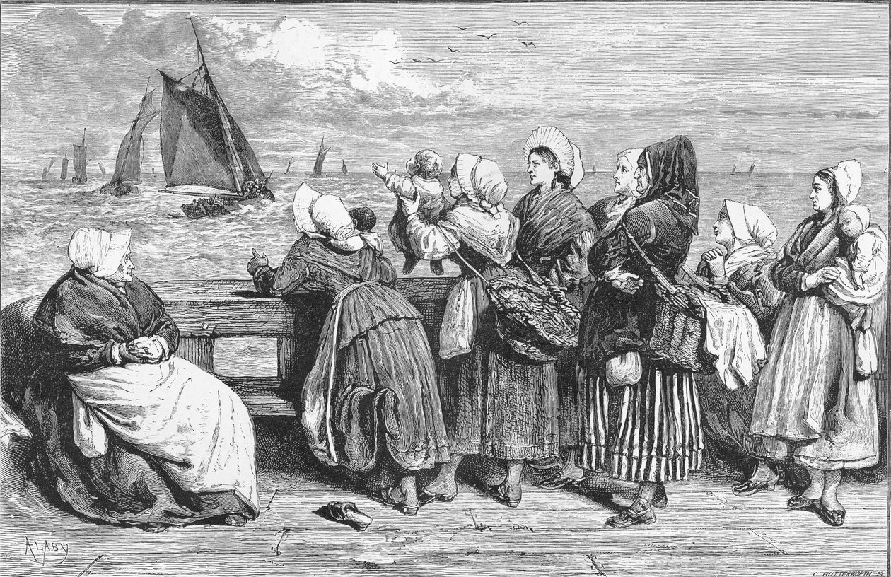 बॉट्स की प्रतीक्षा में, 1868 में &39;द इलस्ट्रेटेड लंदन न्यूज&39; में प्रकाशित, बोलोग्ने के पास स्केच किया गया द्वारा फ्रेंच स्कूल