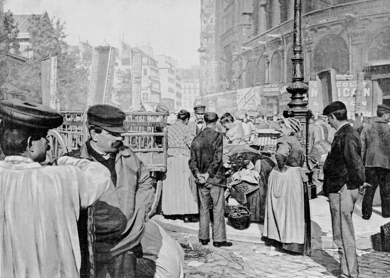 1896 में पेरिस के सेंट यूस्टेक, लेस हॉलेस, चर्च के पास बाजार का कोना द्वारा फ्रेंच फोटोग्राफर
