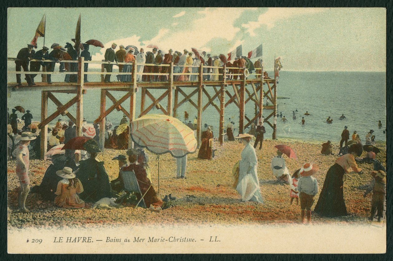 ले हावरे में स्नान मैरी-क्रिस्टीन का चित्रण पोस्टकार्ड, c.1900 (रंगीन बीडब्ल्यू फोटो) द्वारा फ्रेंच फोटोग्राफर
