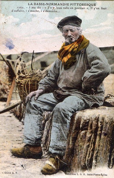 नॉरमैंडी का पोस्टकार्ड जिसमें एक पुराने सीडॉग को दर्शाया गया है, c.1914 (कलर लिथो) द्वारा फ्रेंच फोटोग्राफर