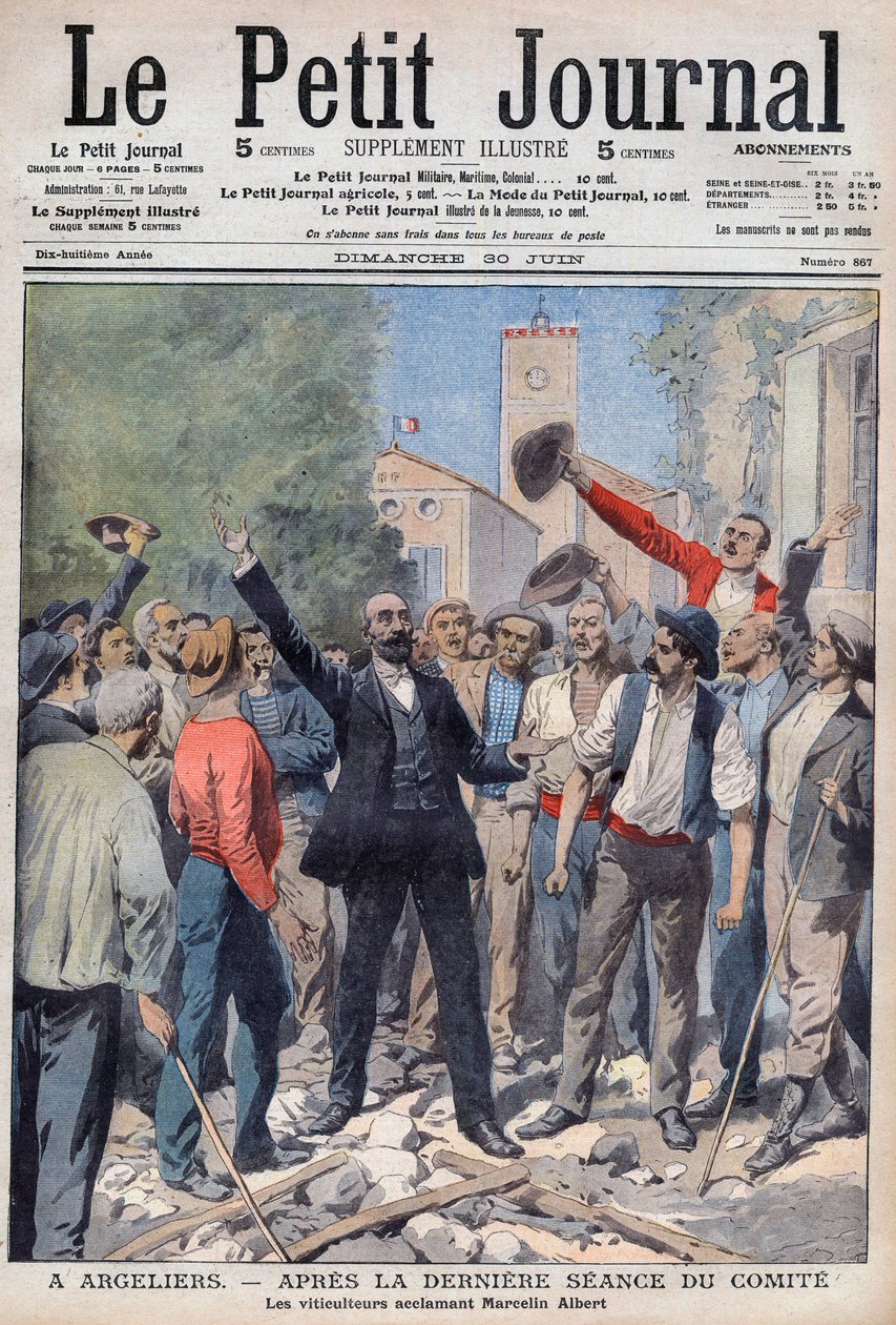 1907 - फ्रांस के दक्षिण में शराब संकट - 30 जून 1907 के समाचार पत्र "ले पेटिट जर्नल" का पहला पृष्ठ (उत्कीर्णन) द्वारा फ्रेंच स्कूल