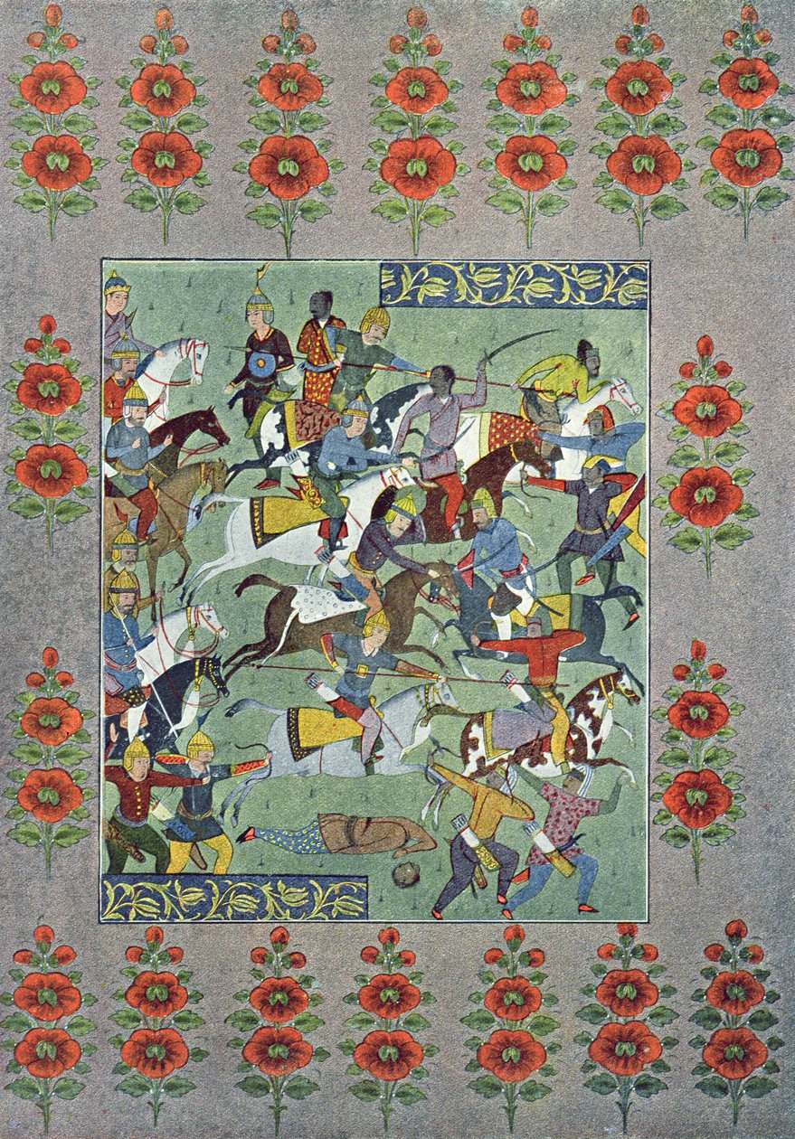 एक लड़ाई, द अरेबियन नाइट्स का चित्रण, 1895 (रंग उत्कीर्णन) द्वारा फ्रेंच स्कूल