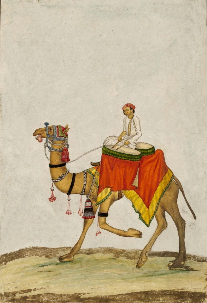 एक ऊंट अपने सवार के साथ ड्रम बजा रहा है, c. १८४० (गौचे) द्वारा फ्रेंच स्कूल