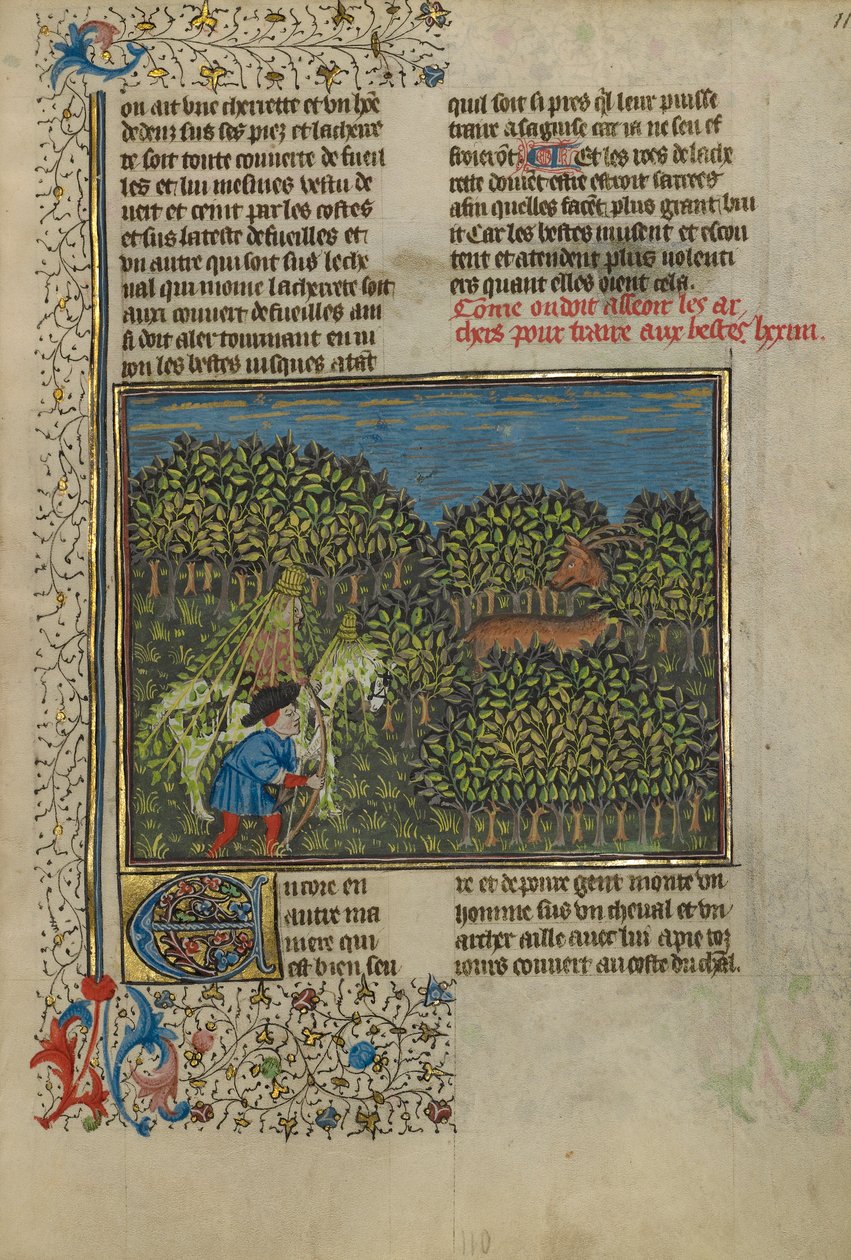 एक छलावरण घुड़सवार और एक आर्चर एक हिरण, c.1430-40 (रंग, सोने और चांदी के रंग और चर्मपत्र पर सोने की पत्ती) द्वारा फ्रेंच स्कूल